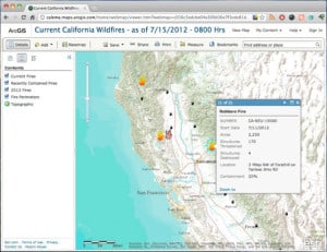 Computer screen shot of a window showing the example of the interactive map of California wildfire activity.