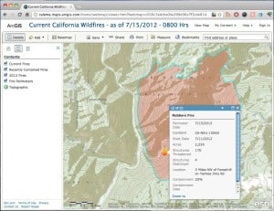 Screen shot of the details and perimeter of the Robbers Fire burning in Placer County in July 2012.