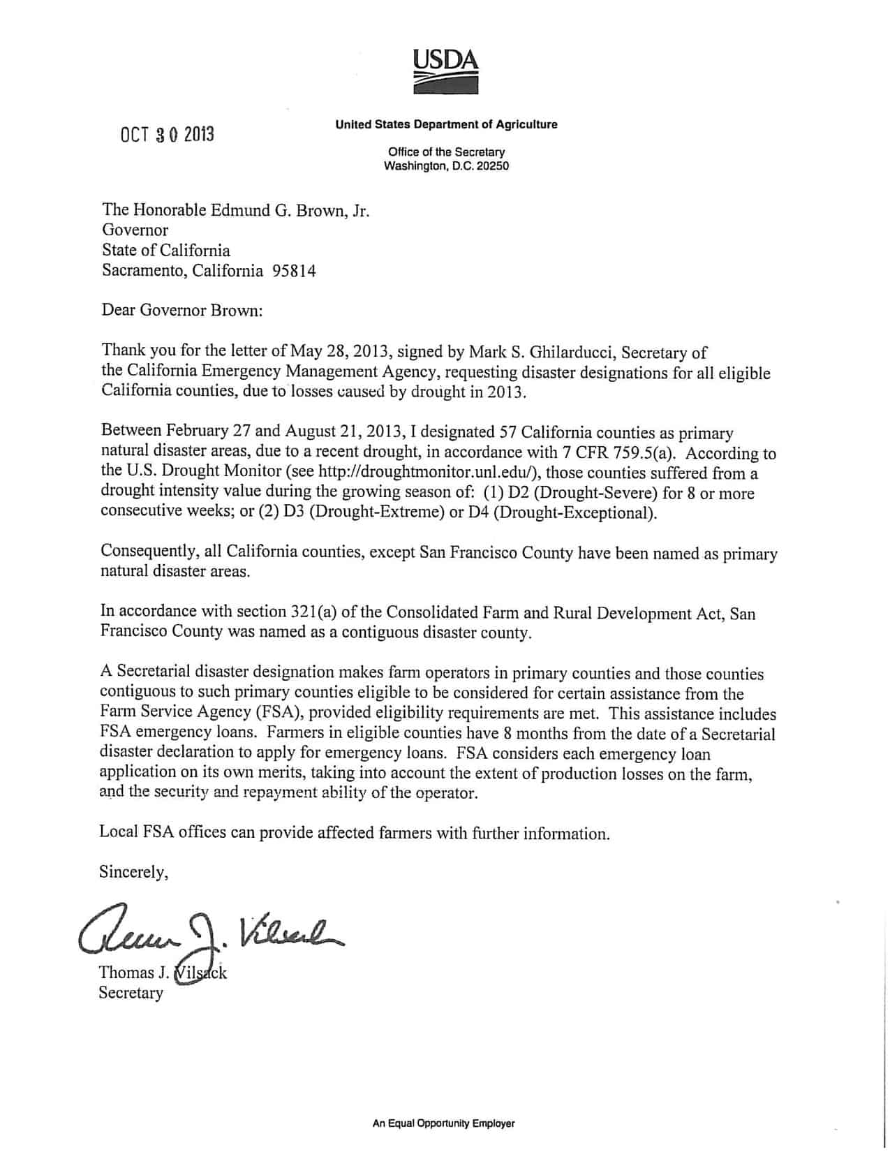 Vilsack Letter | Cal OES News