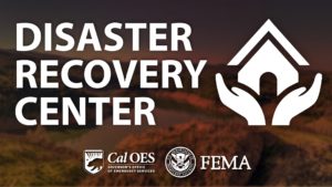 "Disaster Recovery Center" with an image of a house held in hands and a sky background.