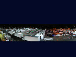 aerial view of vaccination lot at night