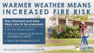 Graphic warning of increased fire weather and if families have an emergency plan, go bag, and alerts ready