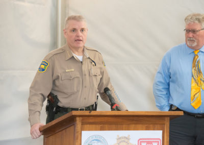 Kory L. Honea, Butte County Sheriff, and Bill Croyle, California Department of Water Resources Acting Director, update the media during the Oroville Dam Spillway press briefing in Oroville, California on March 3, 2017.