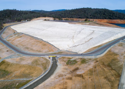 A drone provides a view of the Lake Oroville emergency spillway and the excavation done to re-establish the hillside grade and provide erosion control at the Butte County, California site.