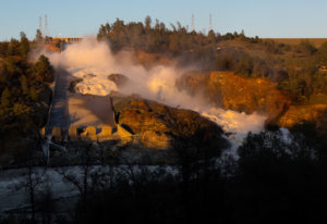 The California Department of Water Resources continues to discharge 50,000 cubic feet per second (cfs) of water from the spillway to manage lake levels, water flow, and support construction activities.