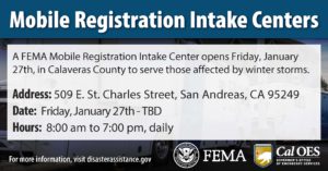 "Mobile Registration Intake Centers" with the address and hours of operation listed against a background image of FEMA vehicles.