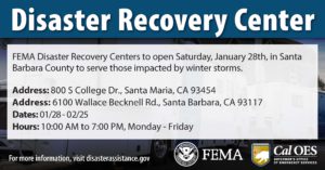 "Disaster Recovery Center" with the address and hours listed in the foreground and an image of FEMA trailers in the background.