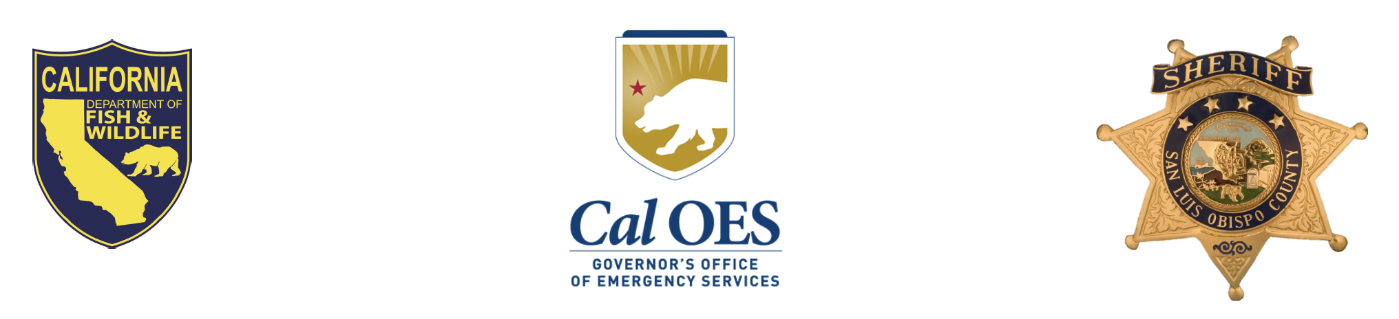 Logos for the California Department of Fish and Wildlife, California Governor's Office of Emergency Services, and San Luis Obispo County Sheriff's Office.