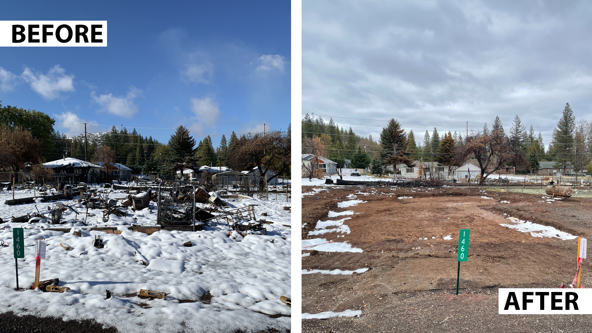 Before and after photos of debris removal on lot 1460 in Siskiyou County.