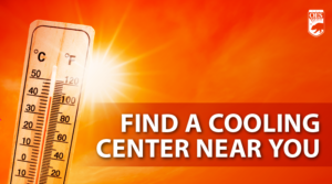Image of a sun & thermometer in Celsius & farenhieght, Text reads Find a Cooling Center Near You and the Cal O E S logo in the top right corner