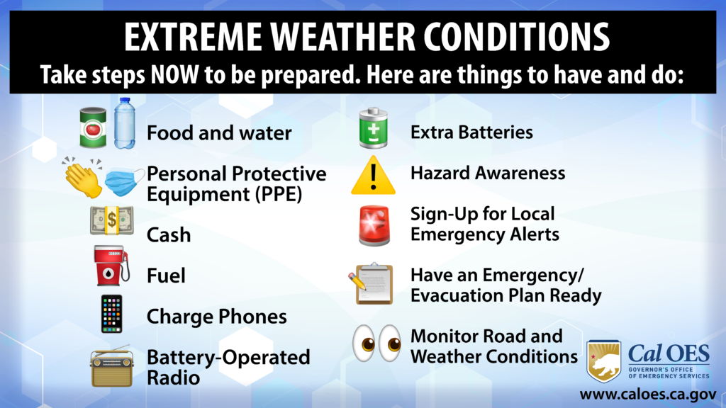 extreme weather conditions
take steps now to be prepared. here are things to have and do:
canned food and water emoji next to food and water
clapping hands and mask emoji personal protective equipment (PPE)
money emoji cash
fuel emoji fuel
phone emoji charge phones
radio emoji battery-operated radio
battery emoji extra batteries
alert emoji hazard awareness
siren emoji sign up for local emergency alerts
notebook emoji have an emergency/evacuation plan ready
big eyes emoji monitor road and weather conditions