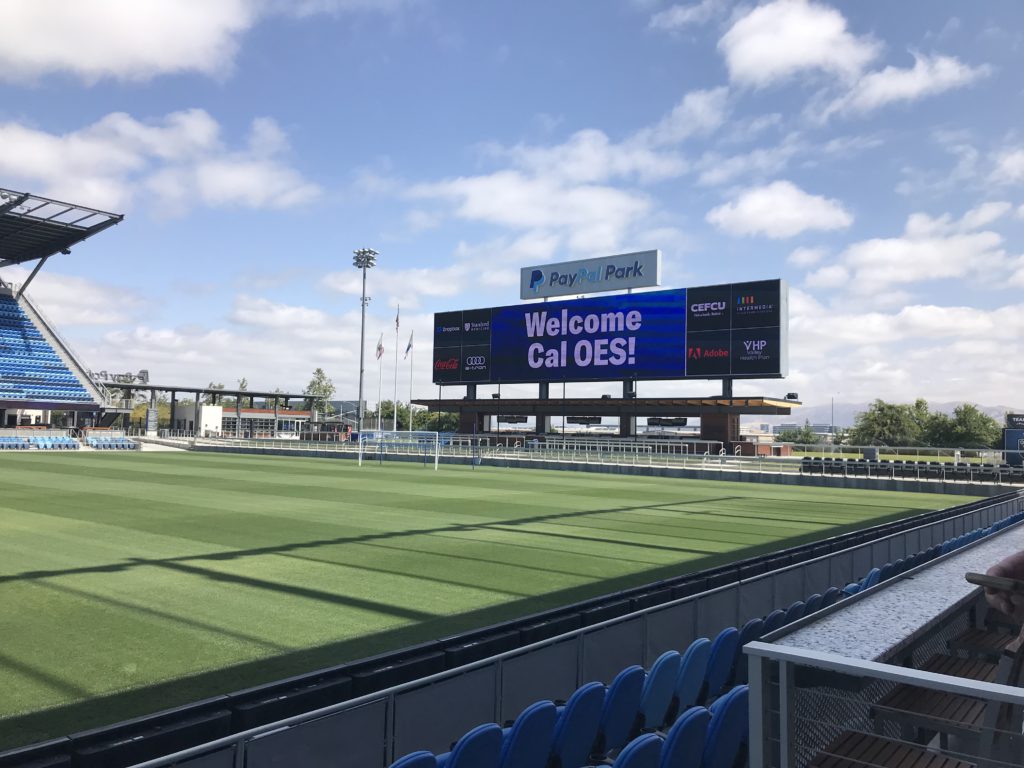 Image of the PayPal Park scoreboard that reads: Welcome Cal O E S