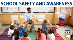 Elementary school kids sitting around teacher in a lesson with text School Safety and Awareness on top