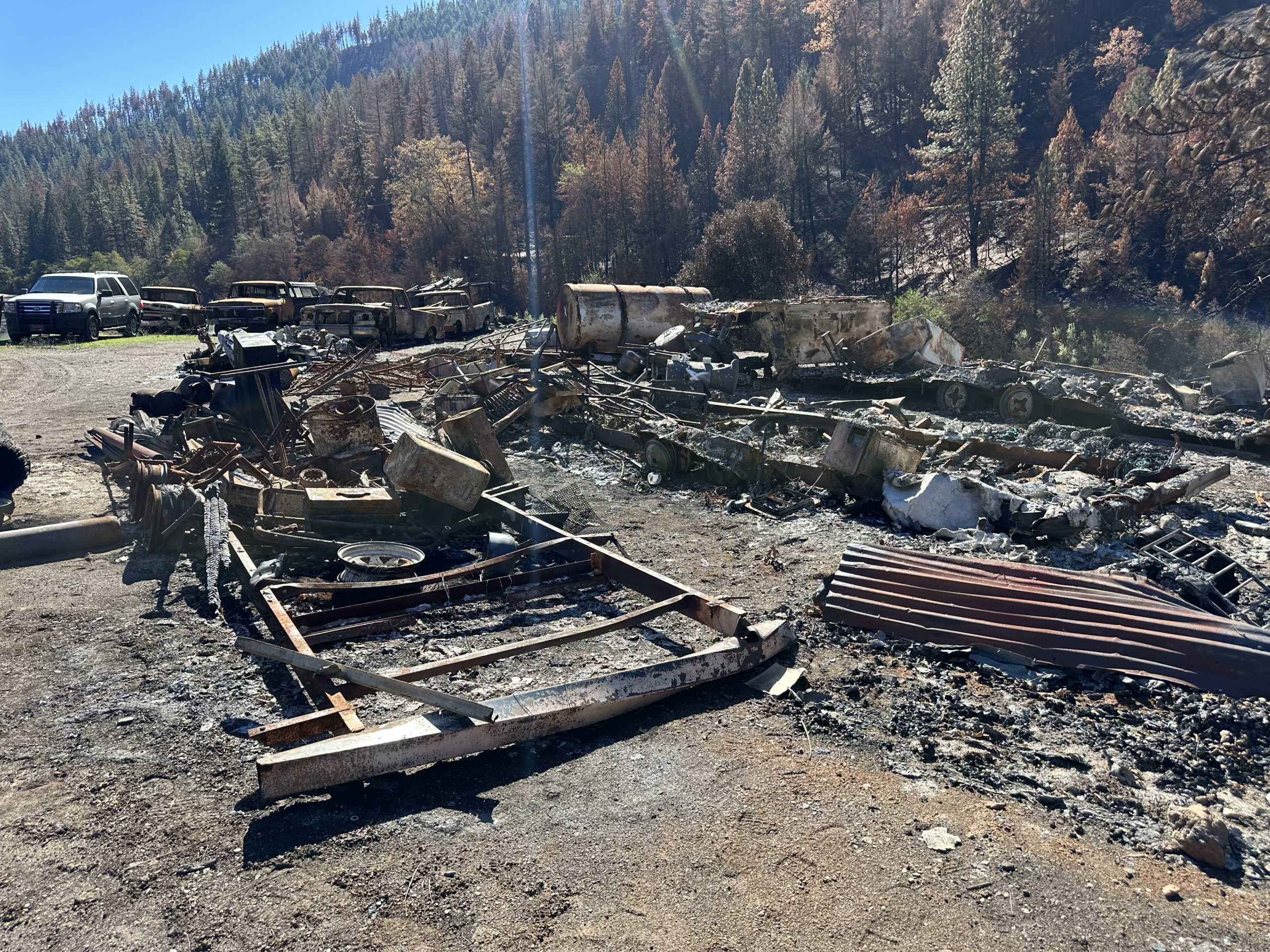 A burned structure base surrounded by tall pine trees.