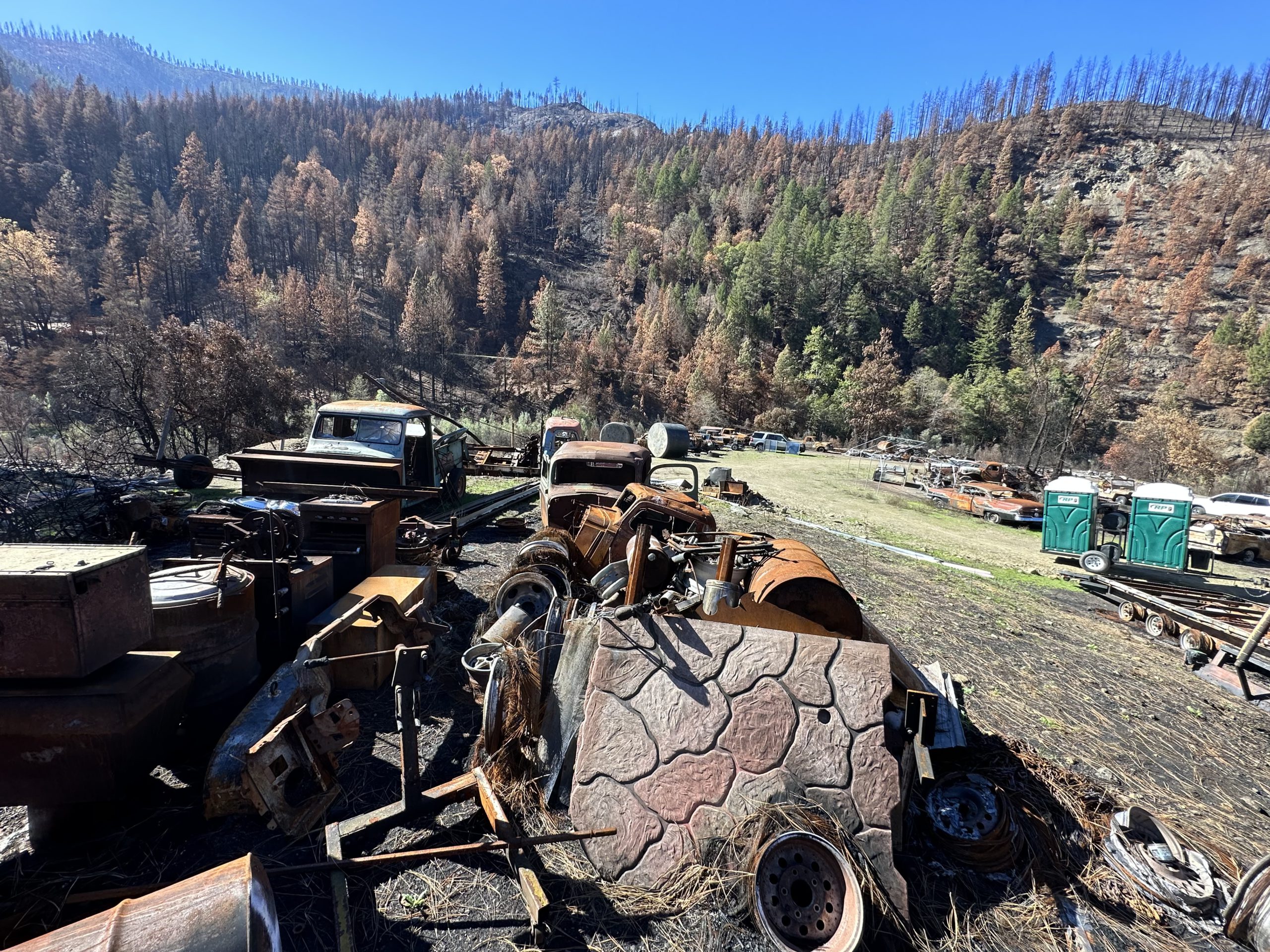 Burned items surrounded by tall pine trees in an alpine valley.