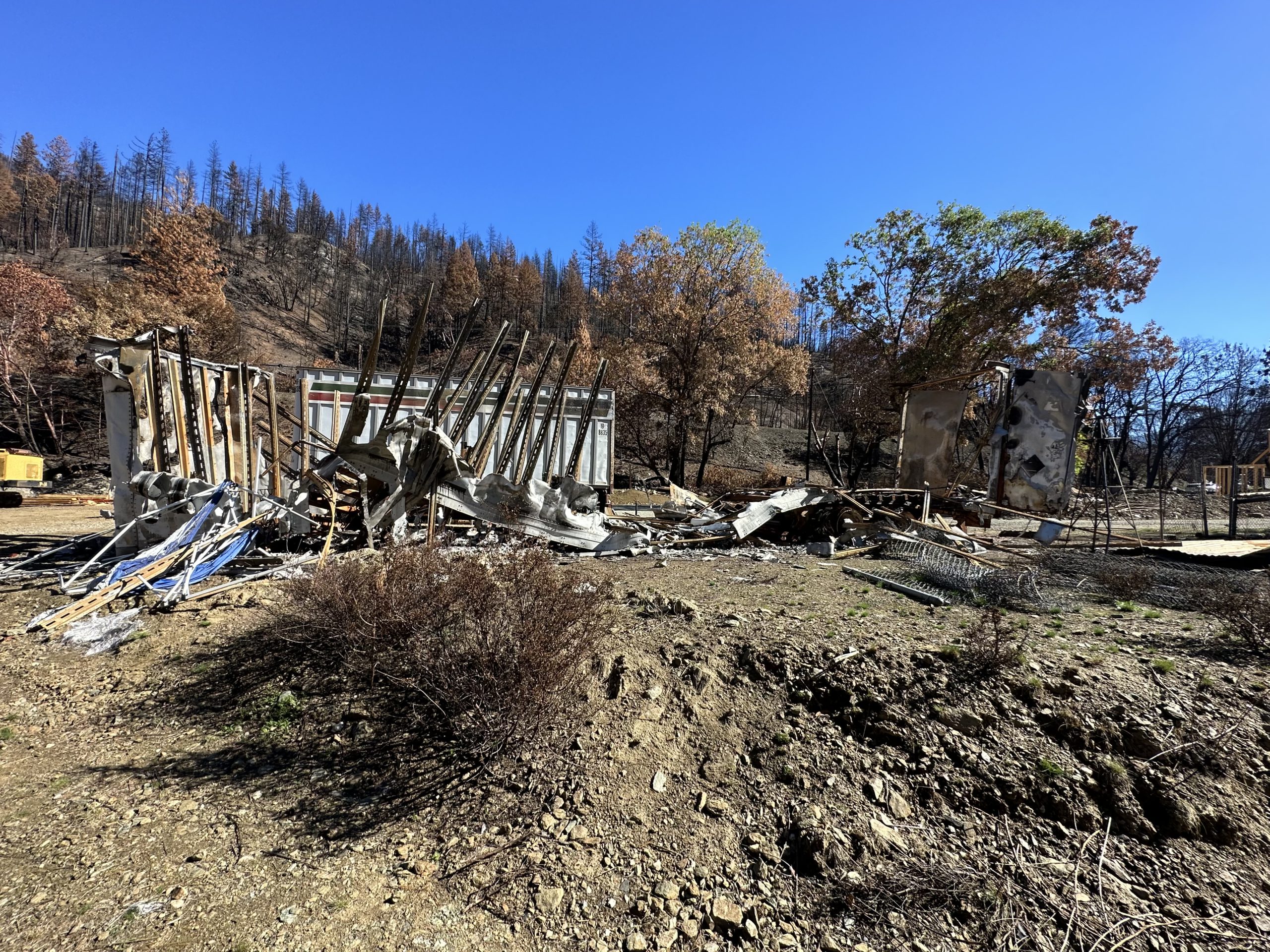 A burned structure base surrounded by tall pine trees.