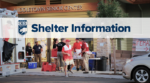 Text says Shelter information. Image of people wearing red vests in front of a community center