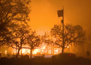 The silhouette of trees and flag on a flagpole stand before a structure engulfed in flames