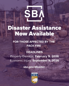 SBA Disaster Assistance Now Available for Those Affected by the Pack Fire.